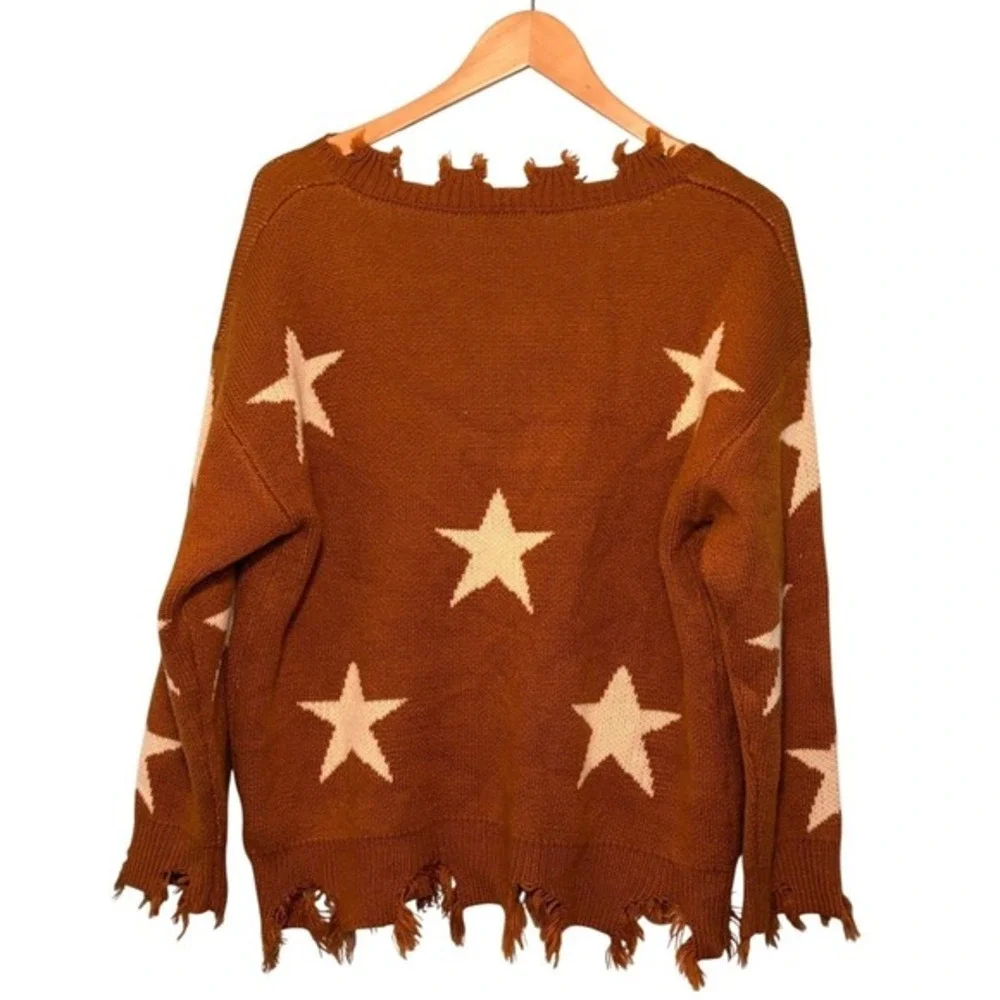 Amaryllis‎ Star Pattern V-Neck Distressed Sweater Rusty Orange Cream Knit S